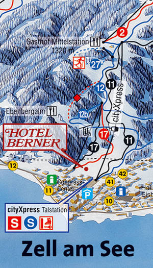 The Hotel Berner in Zell am See is located right next to the skislope. Next to the Ebenberg chairlift and the CityXpress gondola.